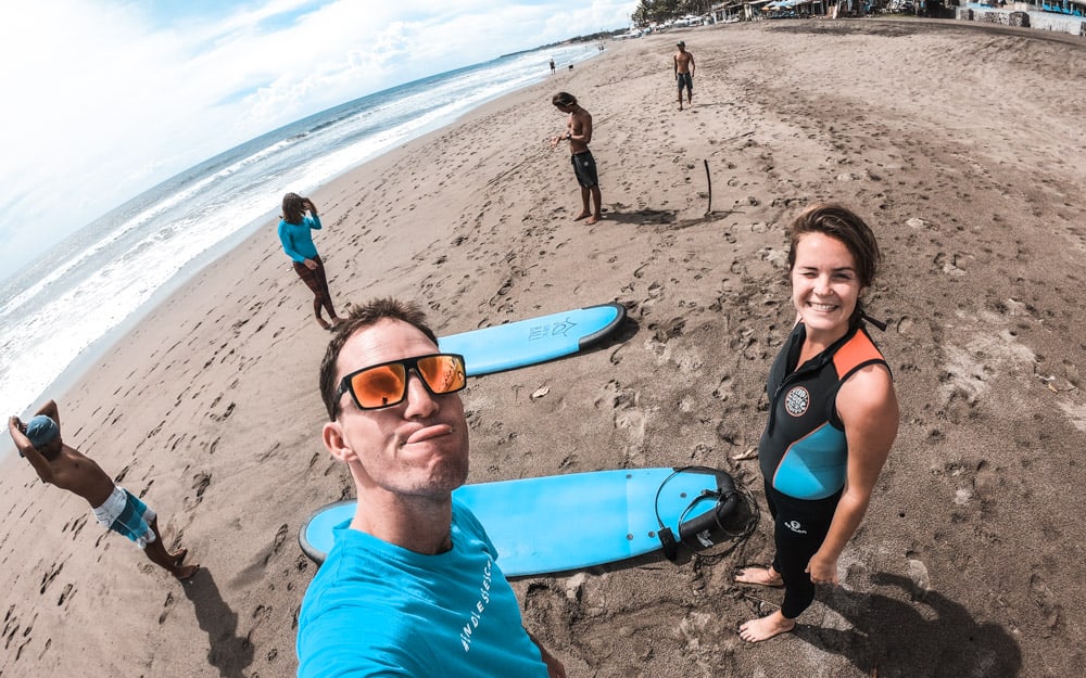 On the beach preparing for day 1 of surfing in Bali