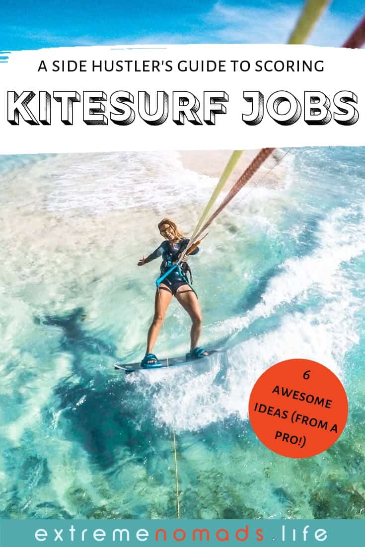 pinterest afbeelding van meisje kitesurfen met bijschrift "side hustler's guide to scoring kitesurfing jobs".