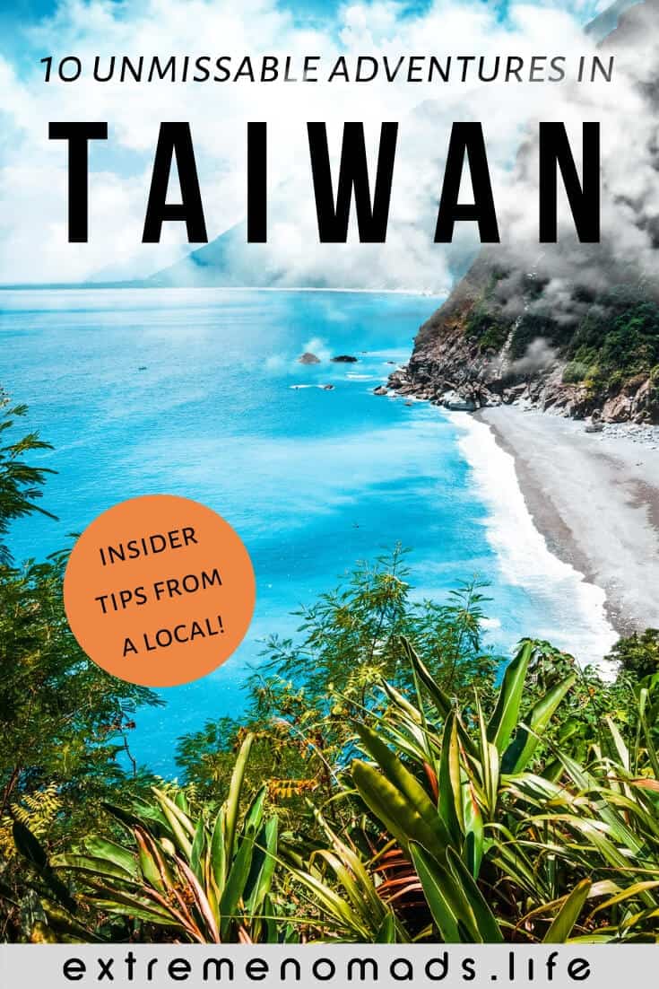 Pinterest pin featuring image of blue water and beach with text "unmissable adventures in Taiwan"