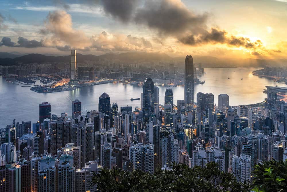 hongkong zentrale skyline bei sonnenuntergang