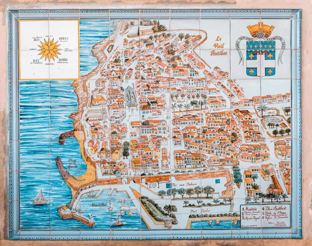 old tiled map of antibes' old town