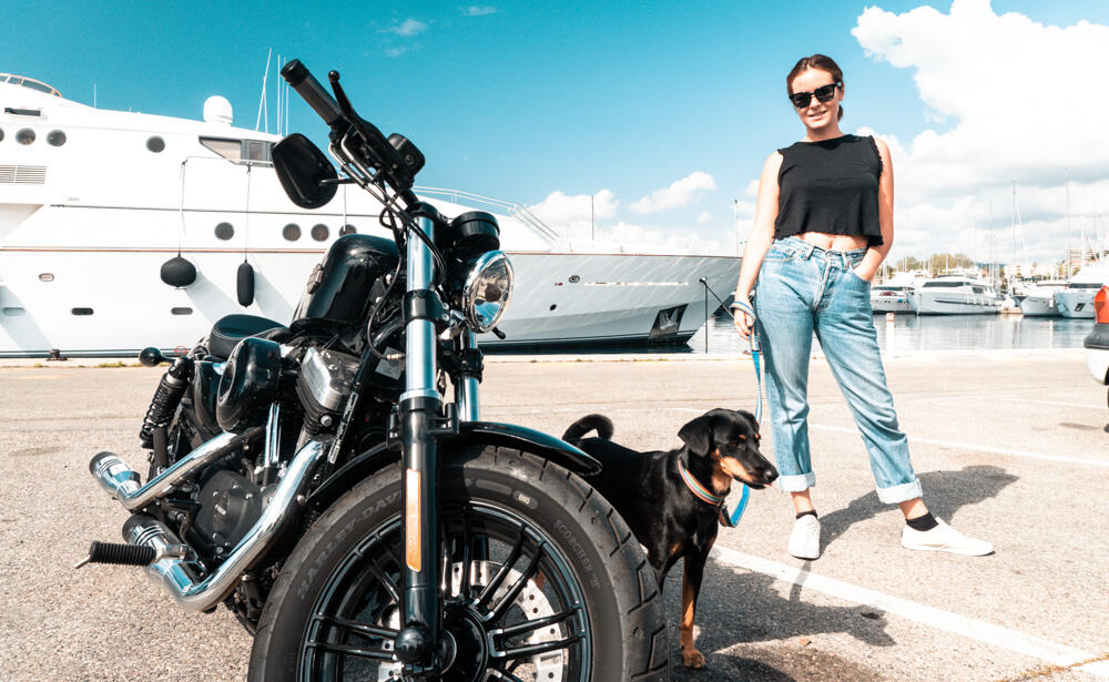 Vrouw met hond aan de leiband naast Harley Davidson motorfiets in de Port Vauban in Antibes, Frankrijk