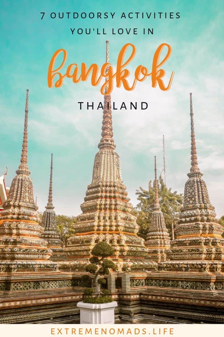 pinterest image of the golden pagoda in bangkok against a blue sky, with the caption 