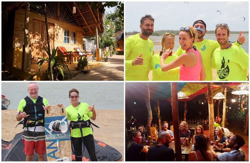 a four part image. the top right is a wooden cabana bungalow , the top left is a group of kitesurf students and instructors smiling on the kite beach in Sri Lanka. The bottom left is a man and woman with a kiteboard smiling at kalpitiya lagoon. The bottom right picture is a nighttime scene of a group eating together in the kite school.