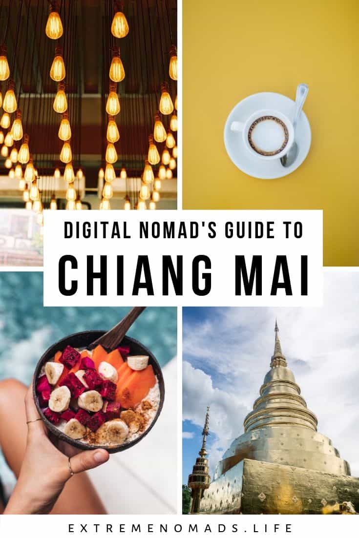 pinterest afbeelding met 4 foto's: koele gloeilampen in een cafe, een kopje koffie tegen een gele achtergrond, een smoothie bowl, en een van Chiang Mai's tempels. Er is een bijschrift dat luidt: digital nomad's guide to chiang mai