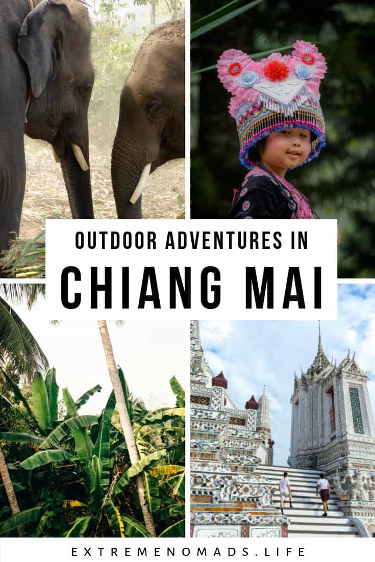 Une image Pinterest avec 4 photos : des éléphants, une petite fille habillée en vêtements traditionnels, du feuillage de la jungle et un beau temple blanc. La légende dit : aventures en plein air à Chiang Mai.