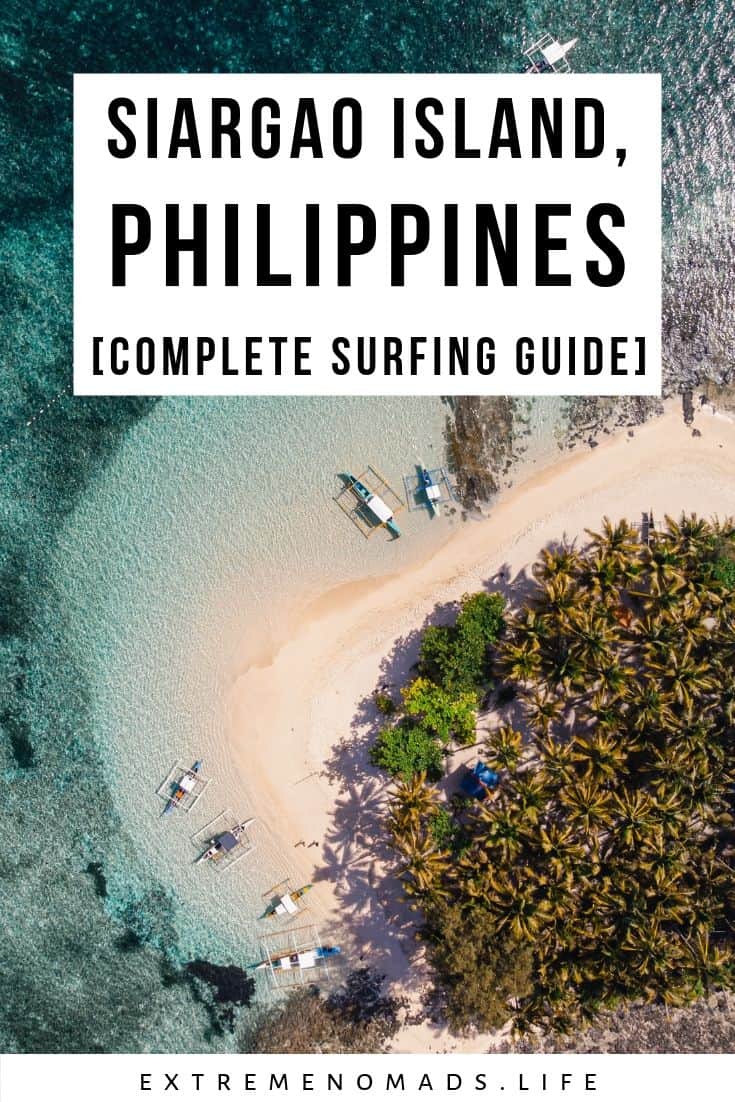 pinterest image with drone photo of guyam island off the coast of siargao, phillipines. the caption on the pin reads 