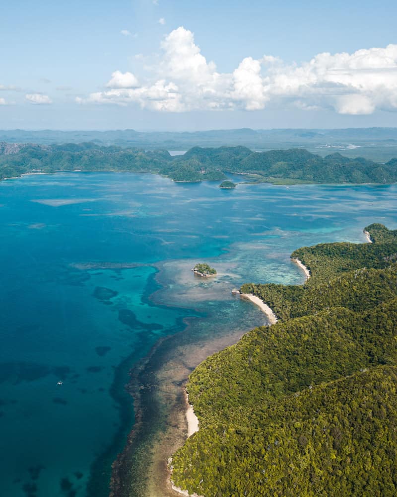 Aerial shot of Kawhagan Island, off the shore of Siargao, Philippines