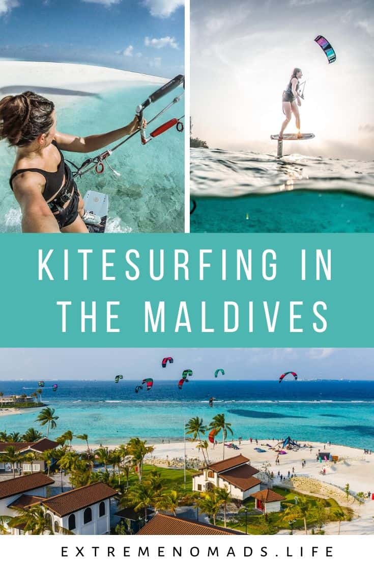 pinterest imagem com três fotos de karolina winkowksa kitesurfing nas maldivas com uma legenda que diz: kitesurfing nas maldivas