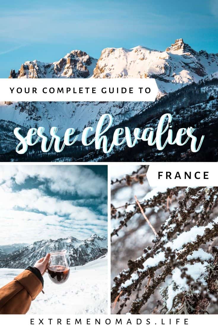 pinterest afbeelding met drie foto's van serre chevalier en een onderschrift dat luidt "uw complete gids naar sere chevalier, frankrijk"