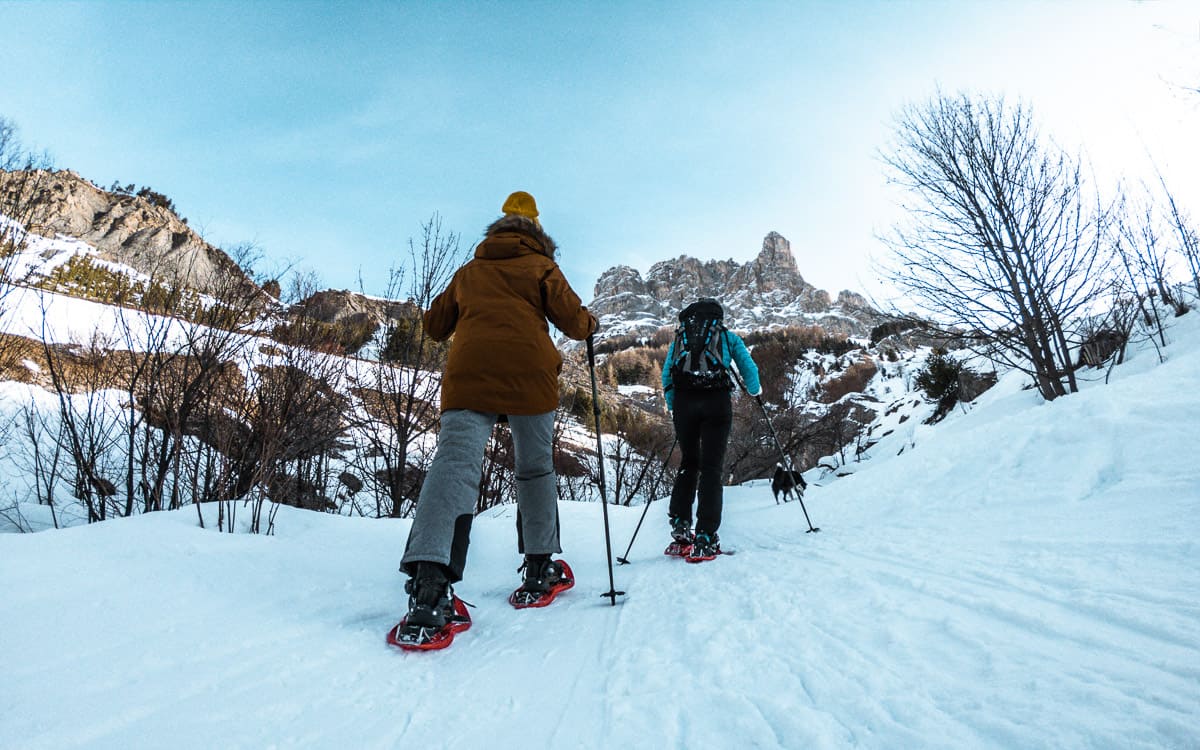 paisagem de graça e raquetes de neve em um caminho de montanha, com um céu azul sobre a cabeça e belas montanhas nevadas e árvores nuas em ambos os lados.